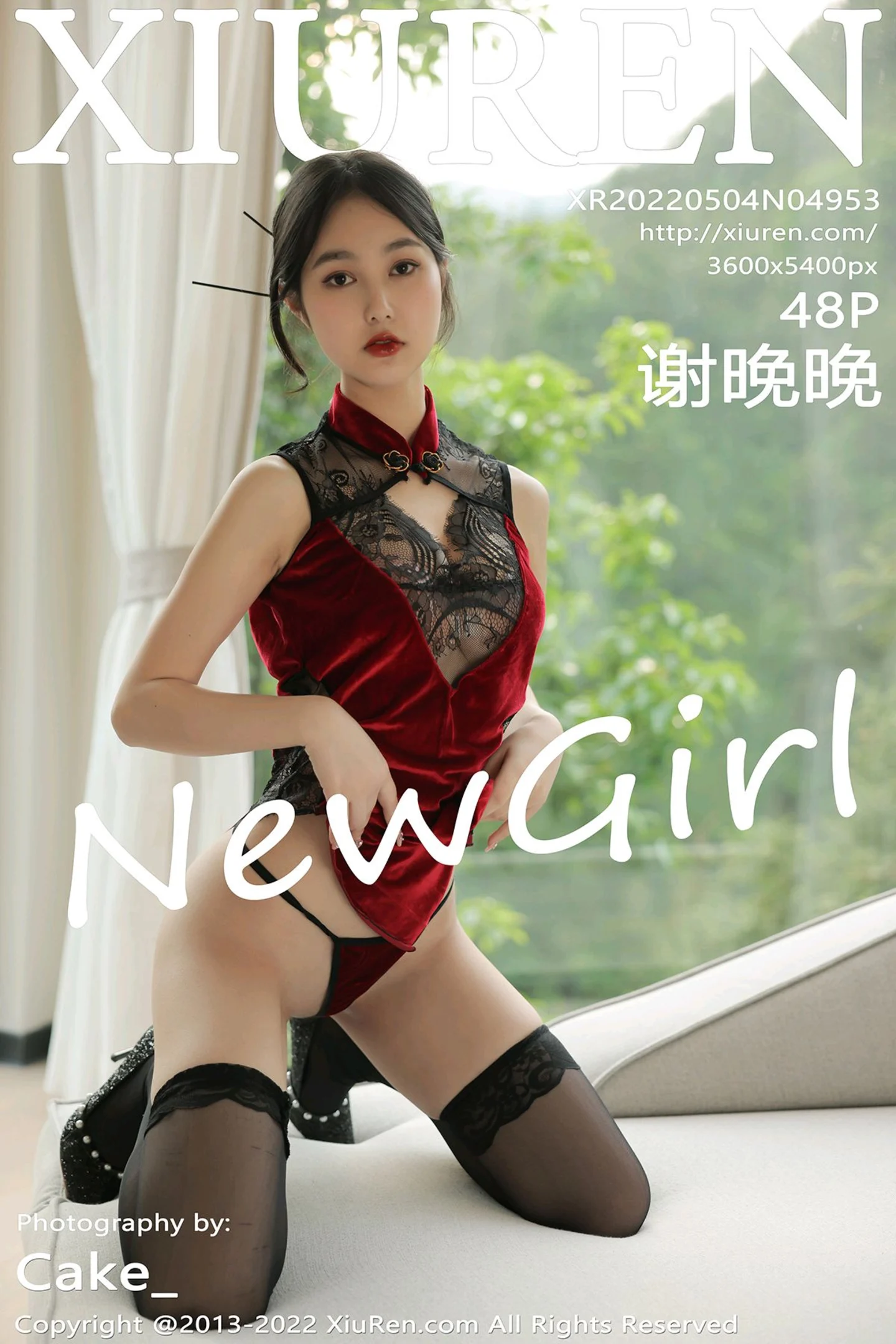 [XiuRen秀人网]No.4953_新人模特谢晚晚性感红色旗袍露丁字裤黑色蕾丝袜秀美腿诱惑写真48P-秀人网 - XiuRen.Space